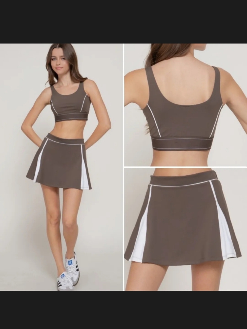 Athletic SET Brown Tennis Skirt AND Padded Top White Inset Panels Boutique Small